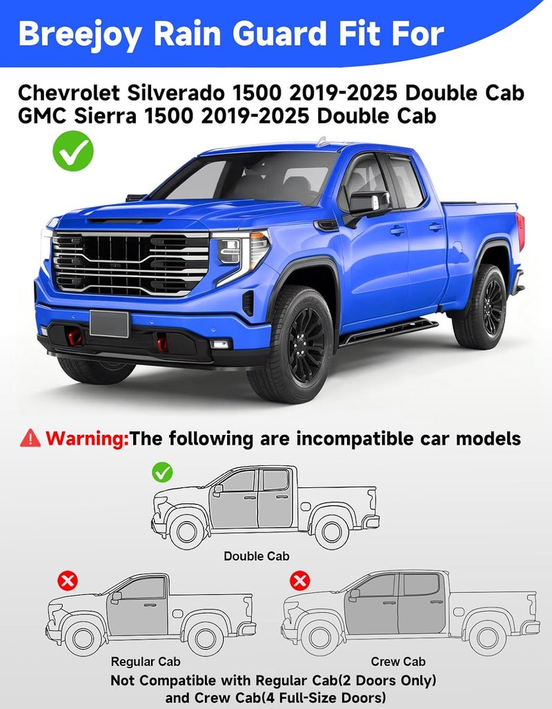 Breejoy in-Channel Rain Guards Fit for Truck Chevy Silverado 1500/GMC Sierra 1500 2019-2025 Double Cab Window Rain Guards Visors Vent Visors Window Deflector Vent Shades Car Accessories -4 pcs - Image 3